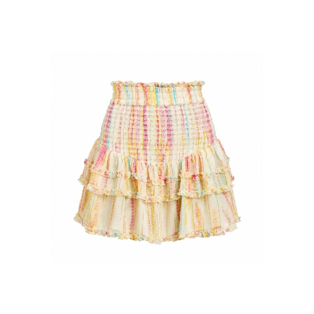 Hemant and Nandita Tie Dye Yellow Pink Metallic Smocked Waist Stripe Mini Skirt